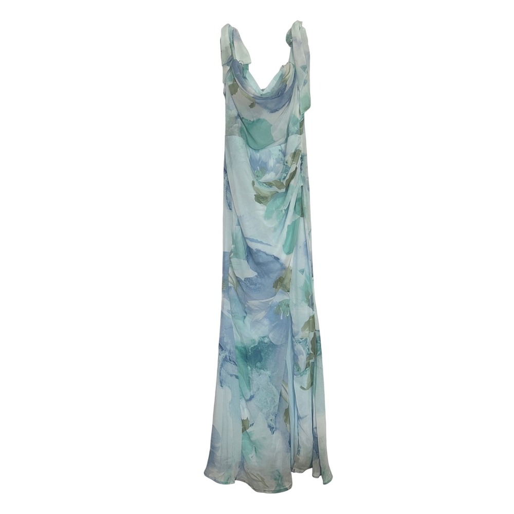 Bella & Bloom Blue Green Watercolor Floral Cowl Neck Tie Shoulder Maxi Dress M